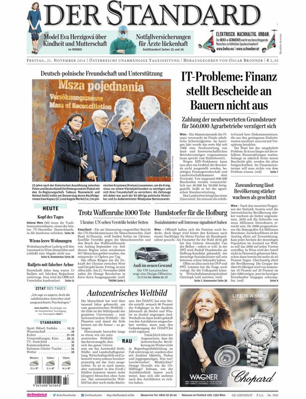 Titelseite der Zeitung „Der Standard“ vom 21. November 2014.