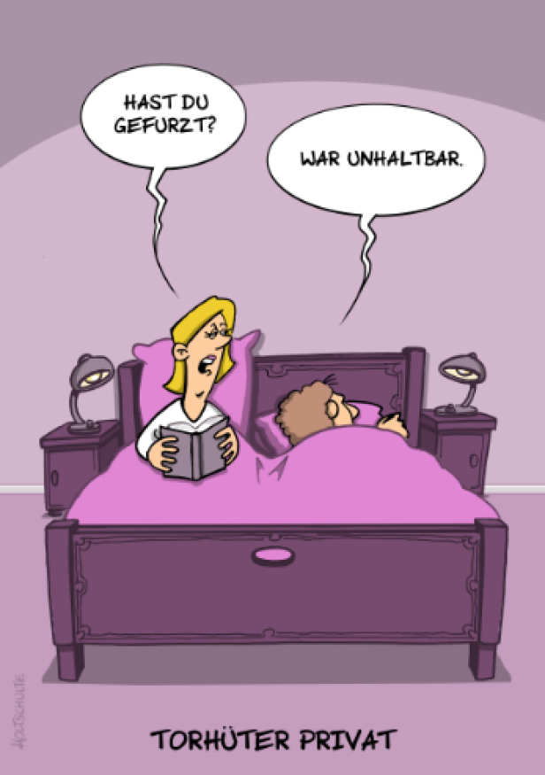 Cartoon: Frau liest im Bett, während ihr Mann sagt, dass etwas „unhaltbar“ war.