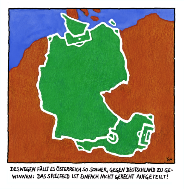 Karikatur über die ungleiche Aufteilung Deutschlands als Fußballfeld, was es Österreich schwer macht, zu gewinnen.