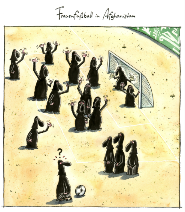 Eine Karikatur zeigt ein Frauenfußballspiel in Afghanistan, bei dem die Spielerinnen Burkas tragen.