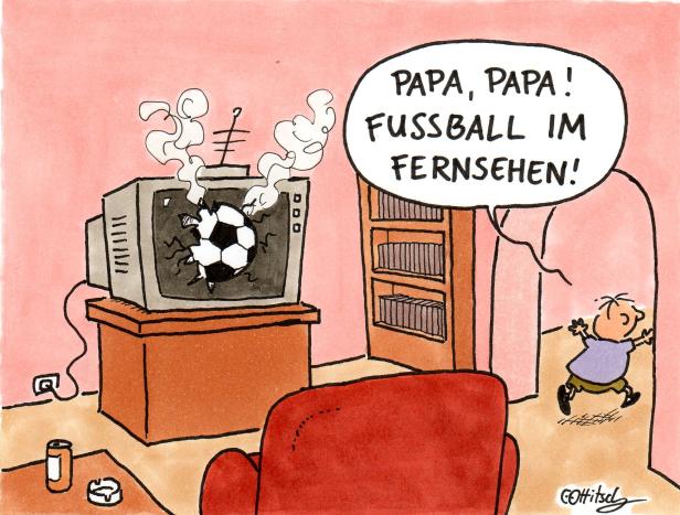 Ein Fußball ist in einem Cartoon in den Fernseher geflogen, während ein Kind „Papa, Papa! Fußball im Fernsehen!“ ruft.