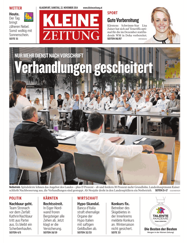 Titelseite der Kleinen Zeitung vom 22. November 2014 mit dem Titel „Verhandlungen gescheitert“.