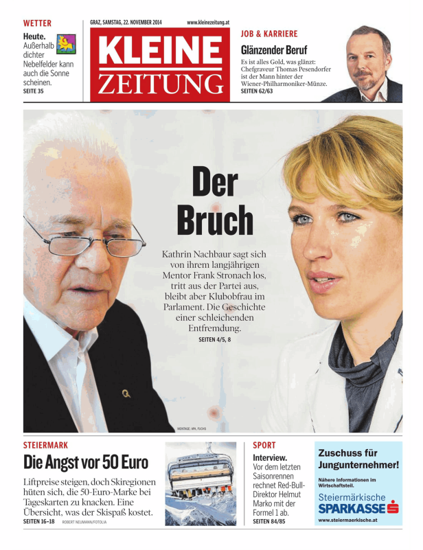 Titelseite der Kleinen Zeitung vom 22. November 2014 mit den Themen Kathrin Nachbaur und steigende Liftpreise.