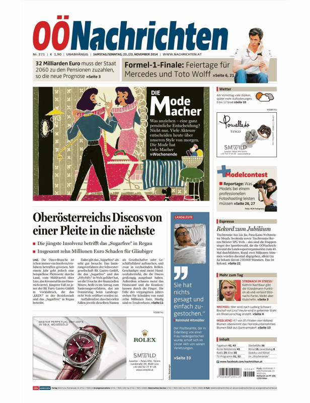 Titelseite der OÖNachrichten vom 22./23. November 2014 mit verschiedenen Artikeln und Anzeigen.