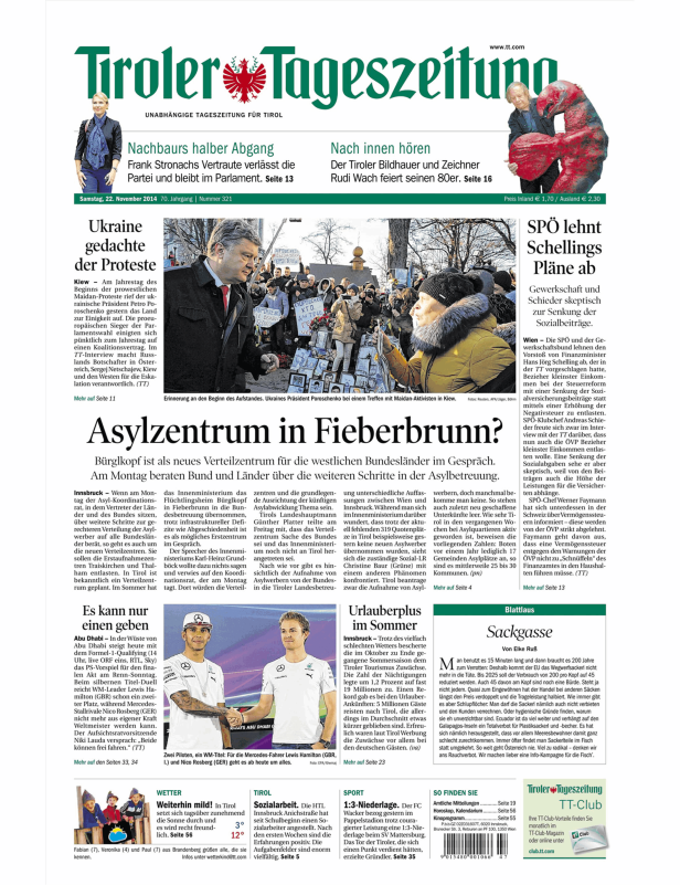Titelseite der Tiroler Tageszeitung vom 22. November 2014.