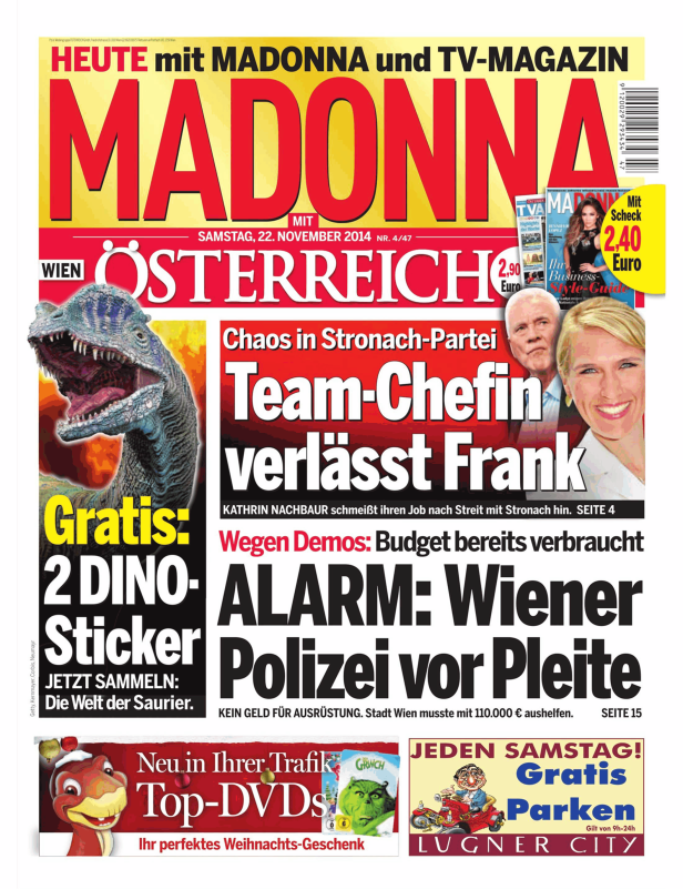 Titelseite der Zeitschrift „Madonna“ vom 22. November 2014 mit Dinosaurier-Stickern.