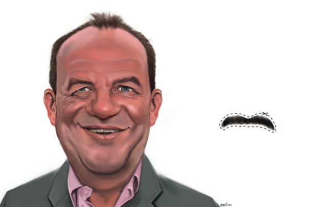 Eine Karikatur eines Mannes mit einem ausgeschnittenen Schnurrbart daneben.