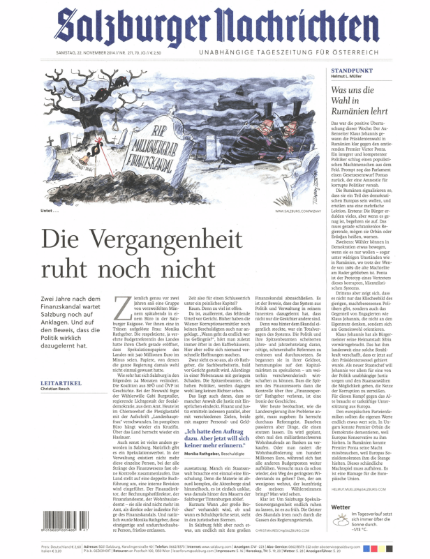 Karikatur in den Salzburger Nachrichten zum Finanzskandal mit einem Grabstein und Krähen.