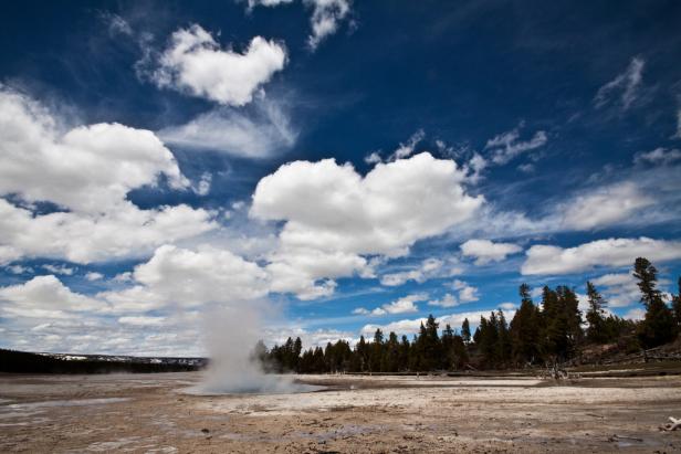 Ein Geysir stößt Dampf in einer weiten Landschaft unter blauem Himmel aus.