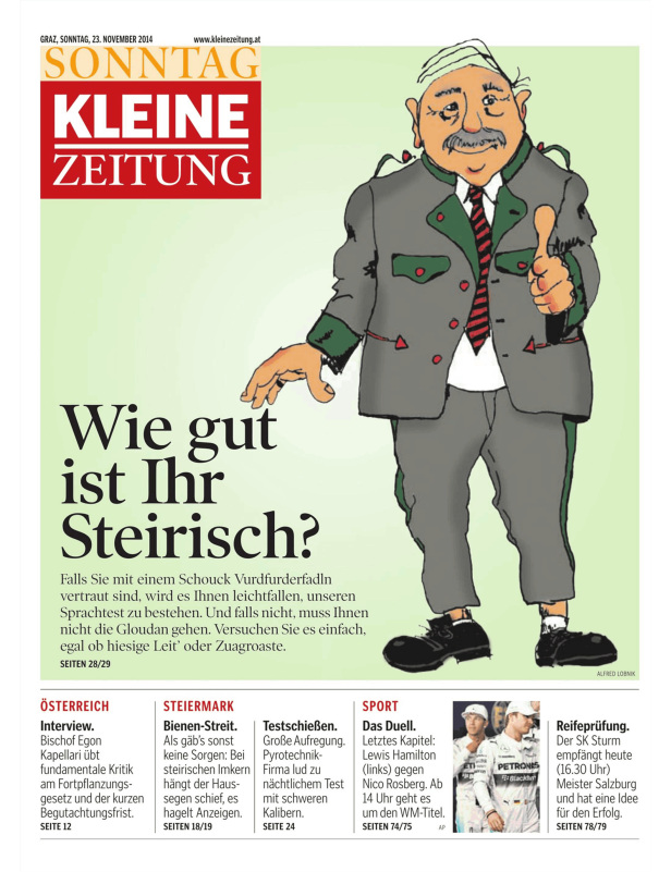 Karikatur eines Mannes in Tracht, der den Daumen nach oben hält.