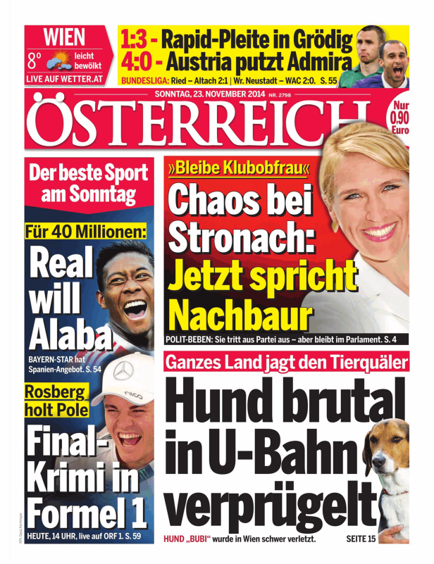 Titelseite der Zeitung „Österreich“ vom 23. November 2014 mit Schlagzeilen zu Sport und Politik.
