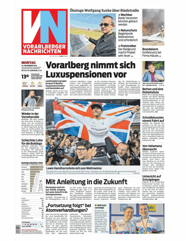 Titelseite der Vorarlberger Nachrichten vom 24. November 2014 mit Lewis Hamilton und Artikeln zu Pensionen und Lokalpolitik.