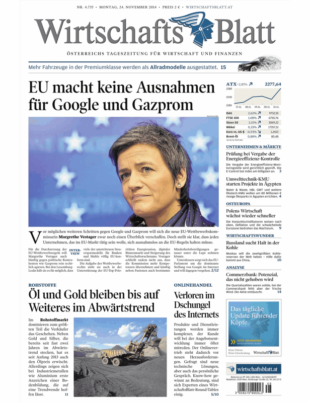 Titelseite des WirtschaftsBlatt vom 24. November 2014.