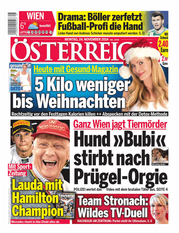 Titelseite der österreichischen Zeitung vom 24. November 2014 mit verschiedenen Schlagzeilen.