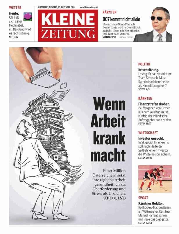 Eine stilisierte Zeichnung zeigt eine Person, die unter einem Stapel Aktenordner zusammenbricht.