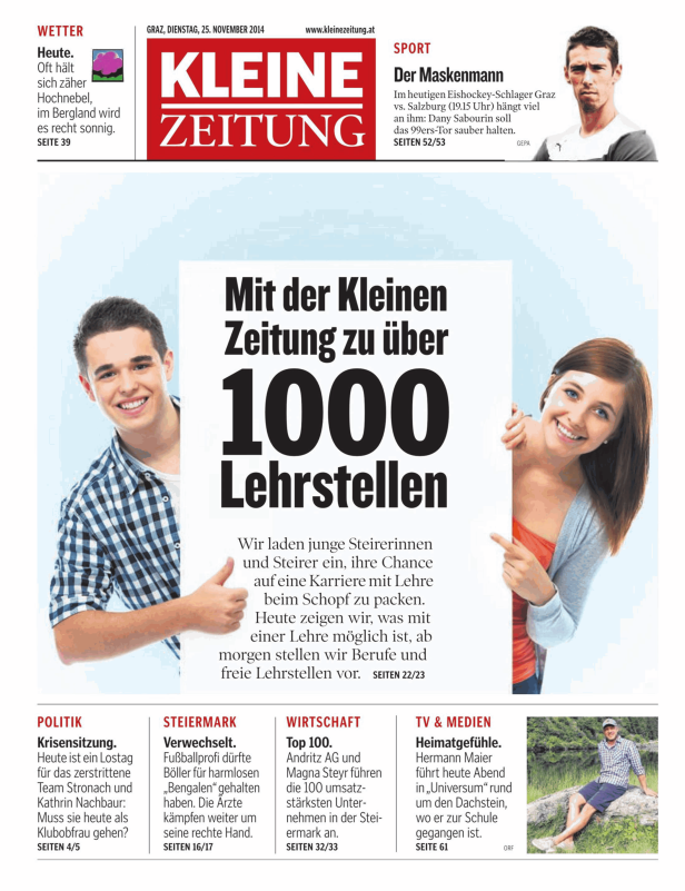 Titelseite der Kleinen Zeitung vom 25. November 2014 mit dem Thema Lehrstellen.