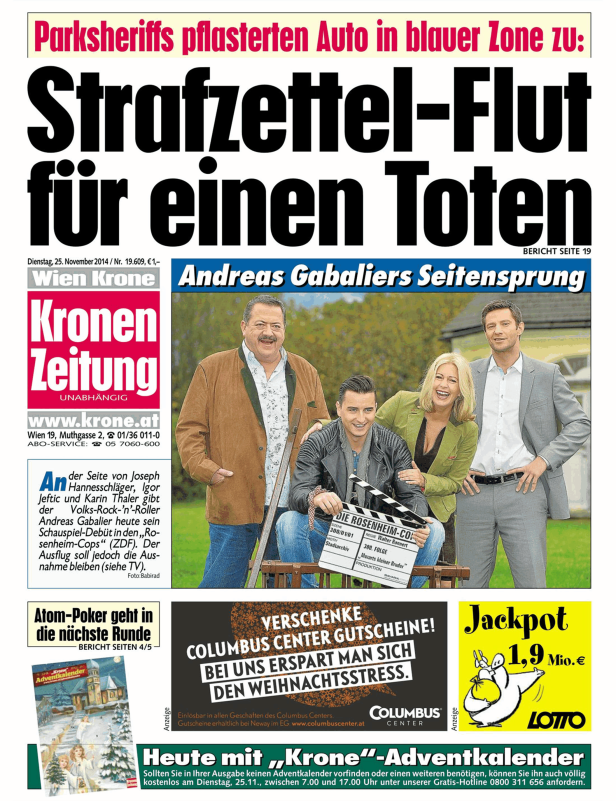 Die Titelseite der „Kronen Zeitung“ vom 25. November 2014 mit Andreas Gabalier bei den „Rosenheim-Cops“.