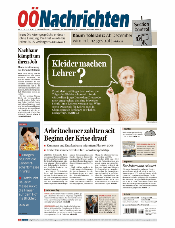 Titelseite der „OÖNachrichten“ vom 25. November 2014 mit verschiedenen Artikeln und Bildern.