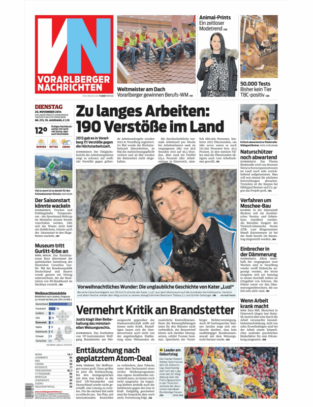 Die Titelseite der Vorarlberger Nachrichten vom 25. November 2014.