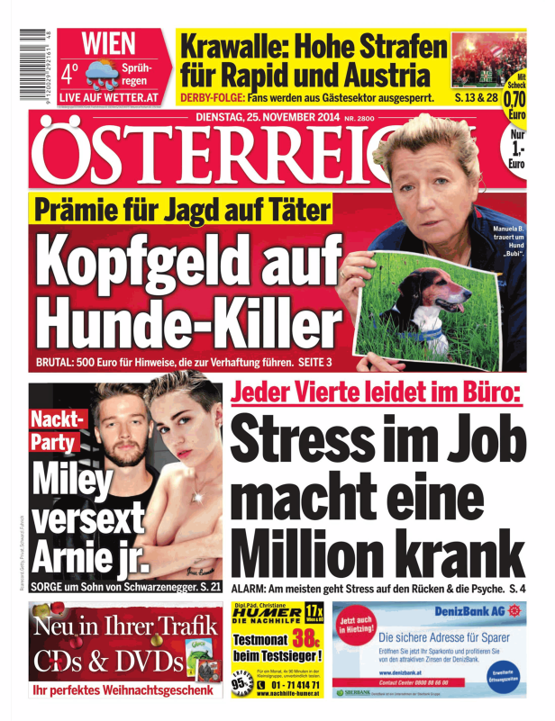 Titelseite der Zeitung „Österreich“ vom 25. November 2014 mit verschiedenen Schlagzeilen.