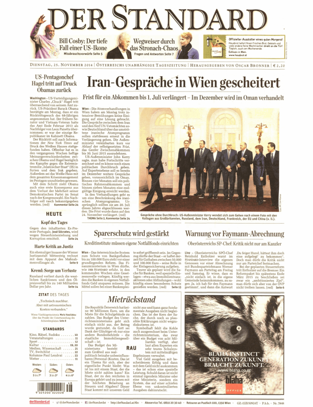 Titelseite der Zeitung „Der Standard“ vom 25. November 2014.