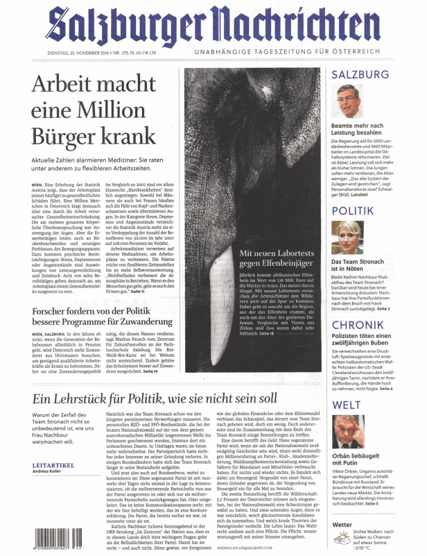 Titelseite der Salzburger Nachrichten vom 25. November 2014.
