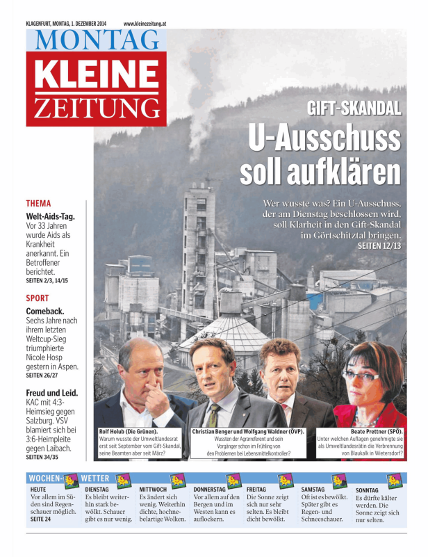 Titelseite der „Kleinen Zeitung“ vom 1. Dezember 2014 mit Artikeln zu einem Gift-Skandal.
