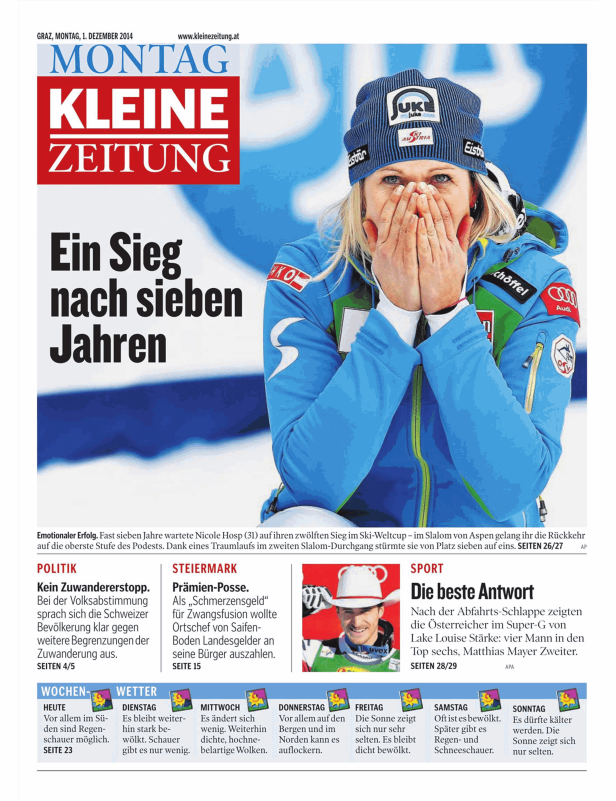 Nicole Hosp freut sich über ihren Sieg im Ski-Weltcup Slalom in Aspen.