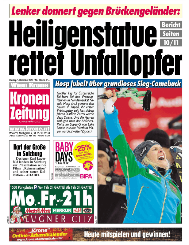Titelseite der „Kronen Zeitung“ vom 1. Dezember 2014 mit einem Artikel über Nicole Hosp.