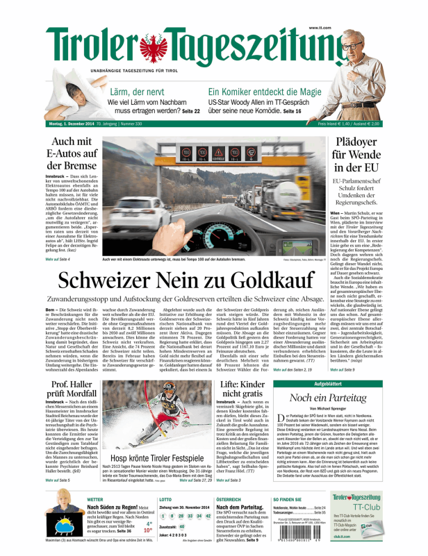 Titelseite der Tiroler Tageszeitung vom 1. Dezember 2014.