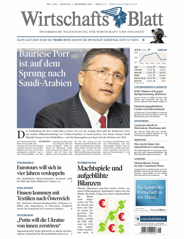 Titelseite des WirtschaftsBlatt vom 1. Dezember 2014.