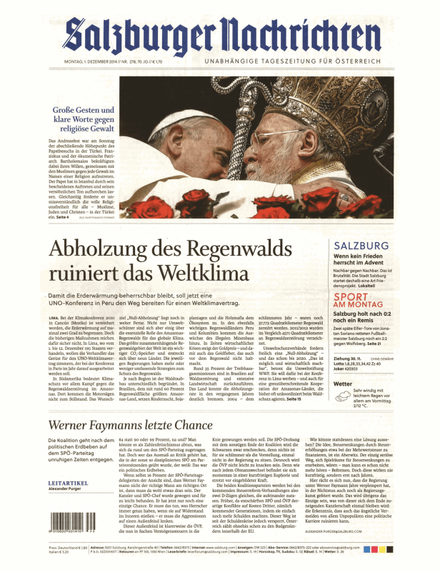 Titelseite der Salzburger Nachrichten vom 1. Dezember 2014.