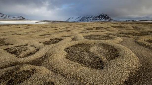 Eine weite, sandige Ebene mit Bergen im Hintergrund unter einem bewölkten Himmel.