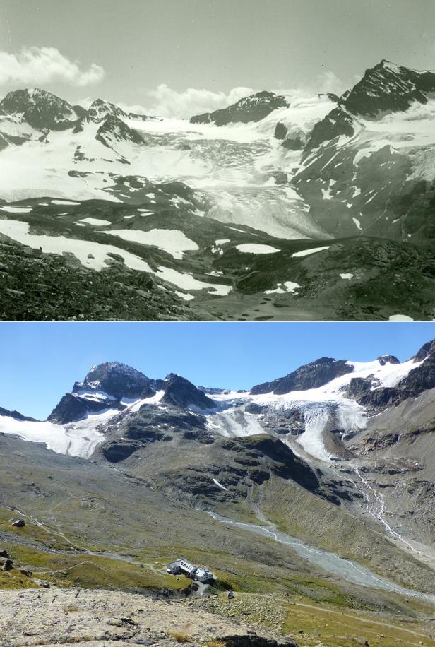 Ein Vergleich von Gletschern in den Bergen, früher und heute.