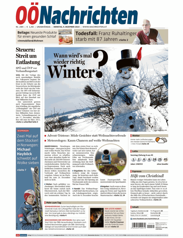 Titelseite der OÖNachrichten mit einem Schneemann und der Frage „Wann wird's mal wieder richtig Winter?".