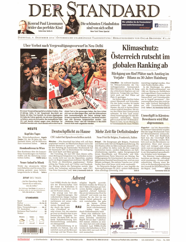 Eine Titelseite der Zeitung „Der Standard“ vom 9. Dezember 2014 mit Artikeln über Politik und Wirtschaft.
