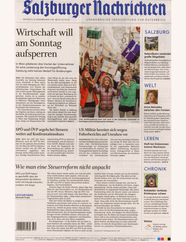 Titelseite der Salzburger Nachrichten vom 10. Dezember 2014.