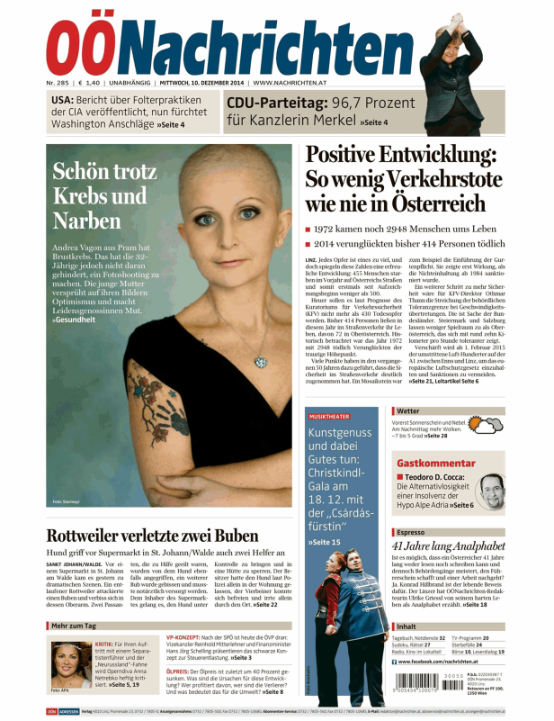 Andrea Vagon, eine Frau mit Brustkrebs, lächelt optimistisch in die Kamera.