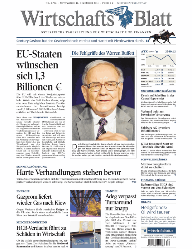 Titelseite des WirtschaftsBlatt vom 10. Dezember 2014.