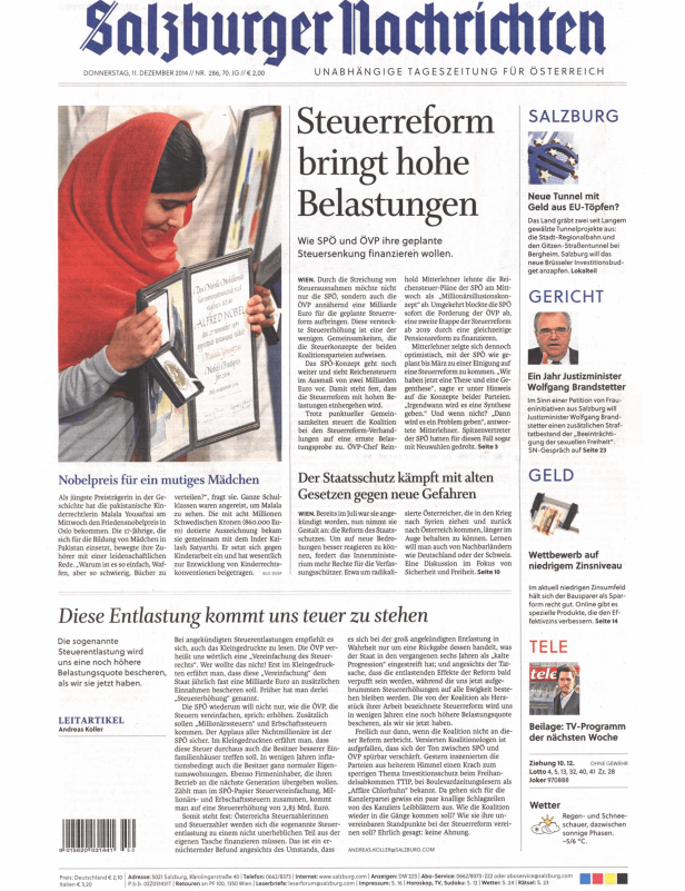 Titelseite der Salzburger Nachrichten vom 11. Dezember 2014.