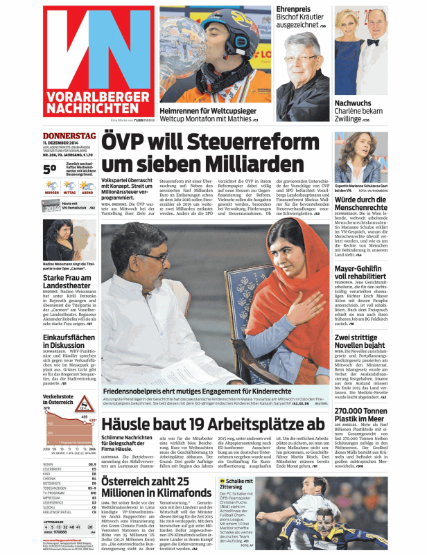 Titelseite der Vorarlberger Nachrichten vom 11. Dezember 2014.
