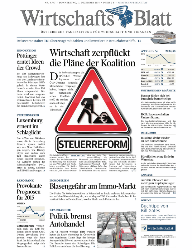 Titelseite des Wirtschaftsblatt vom 11. Dezember 2014 mit Artikeln zu Wirtschaft und Finanzen.