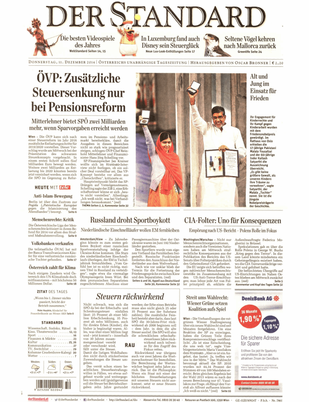 Titelseite der Zeitung „Der Standard“ vom 11. Dezember 2014.