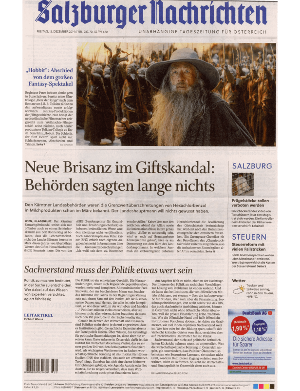 Titelseite der Salzburger Nachrichten vom 12. Dezember 2014 mit einem Artikel über „Der Hobbit“.