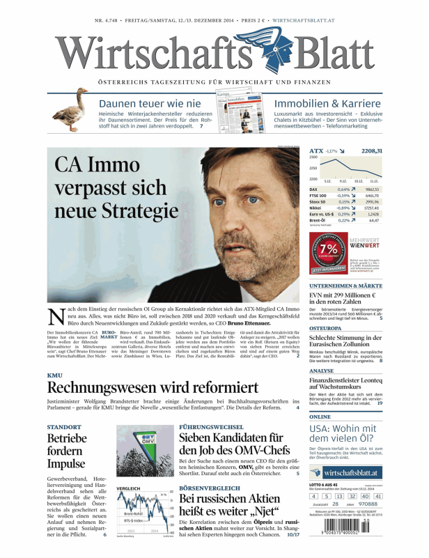 Titelseite des WirtschaftsBlatt vom 12./13. Dezember 2014.