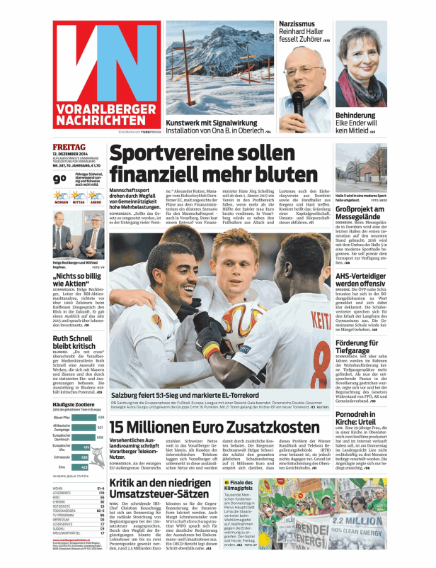 Titelseite der Vorarlberger Nachrichten vom 12. Dezember 2014 mit verschiedenen Artikeln und Bildern.