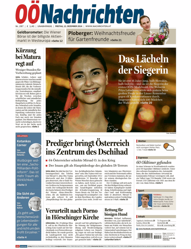 Titelseite der OÖNachrichten vom 12. Dezember 2014 mit dem Titel „Das Lächeln der Siegerin“.