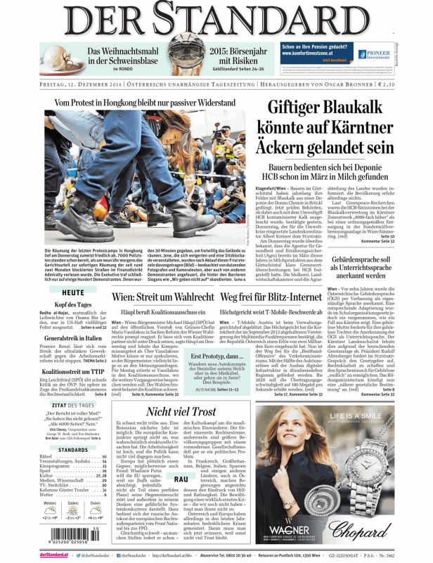 Titelseite der Zeitung „Der Standard“ vom 12. Dezember 2014.