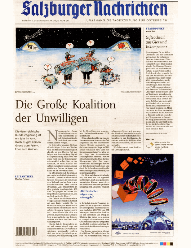 Karikatur in den Salzburger Nachrichten zur Steuerreform und der Großen Koalition.