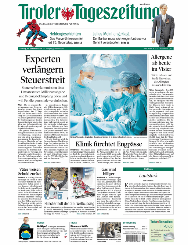 Titelseite der Tiroler Tageszeitung vom 13. Dezember 2014.